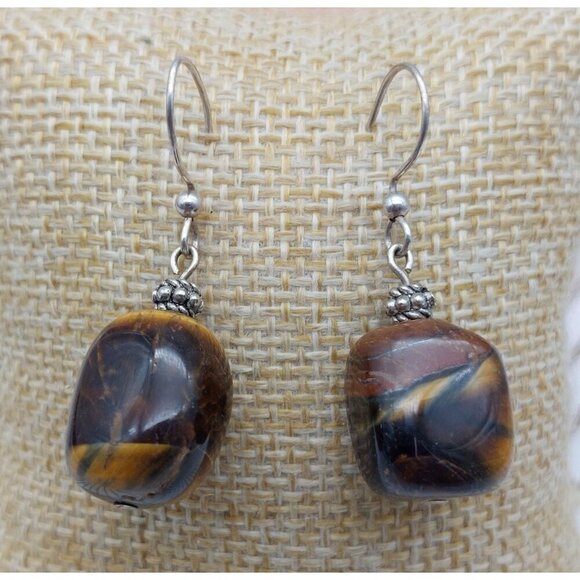 Lot of 2 Drop Dangle Natural Stone Pink & Tiger Eye Pierced Hook Earrings 1.25" - Picture 5 of 9